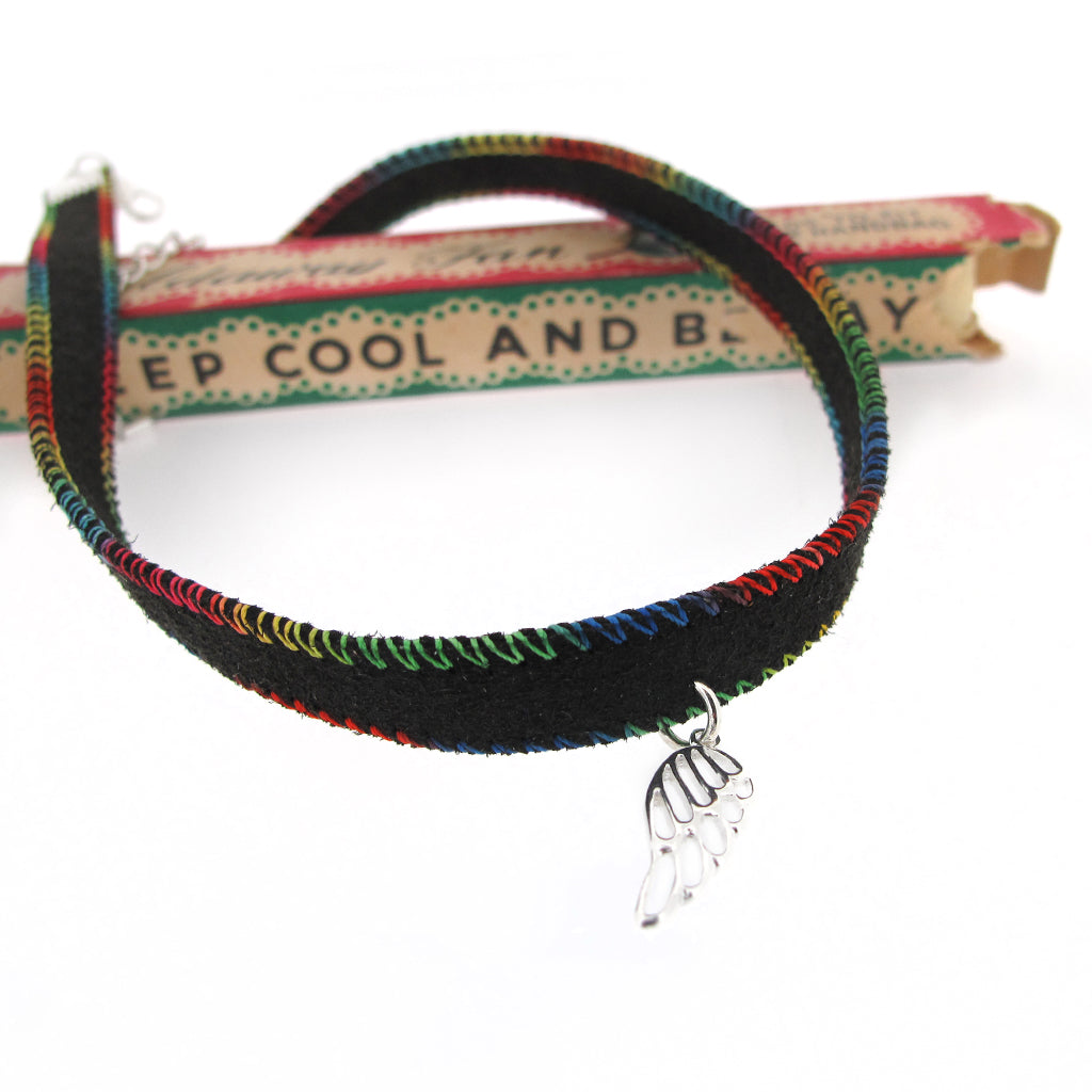 Copy of Rainbow stitched suede choker with Sterling Silver Angel wing pendant