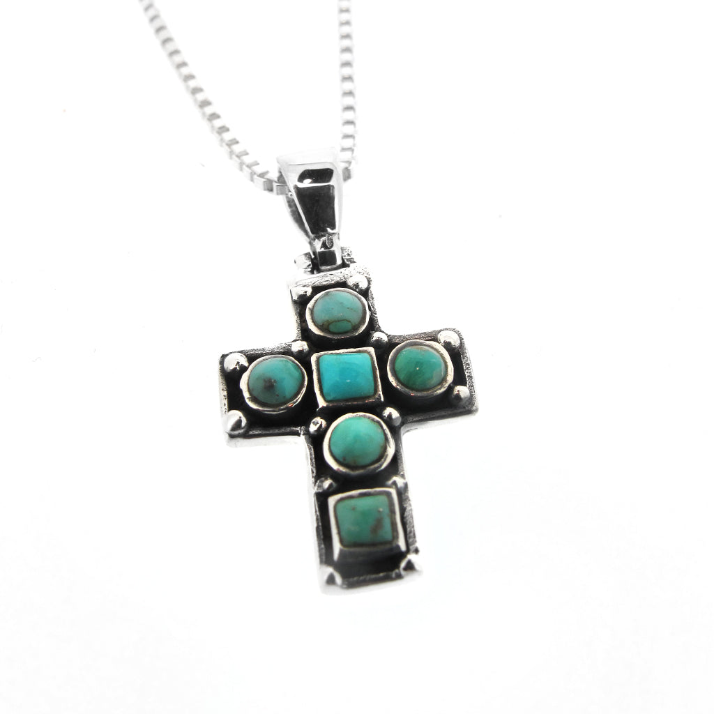 Steling silver cross with turquoise stone on sterling silver box chain