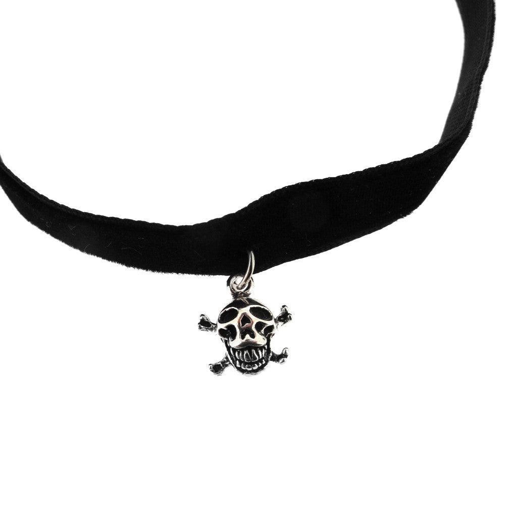 Velvet choker with sterling silver skull and cross bone