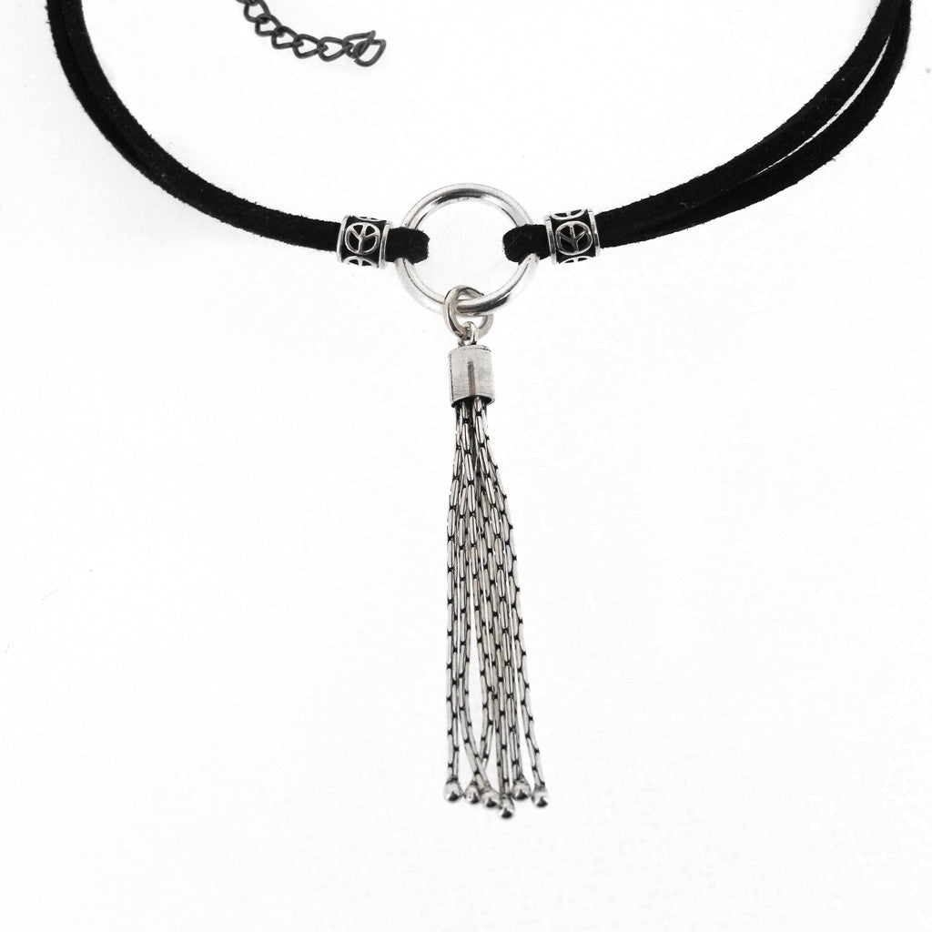 Felt cord choker with sterling silver ring tassel