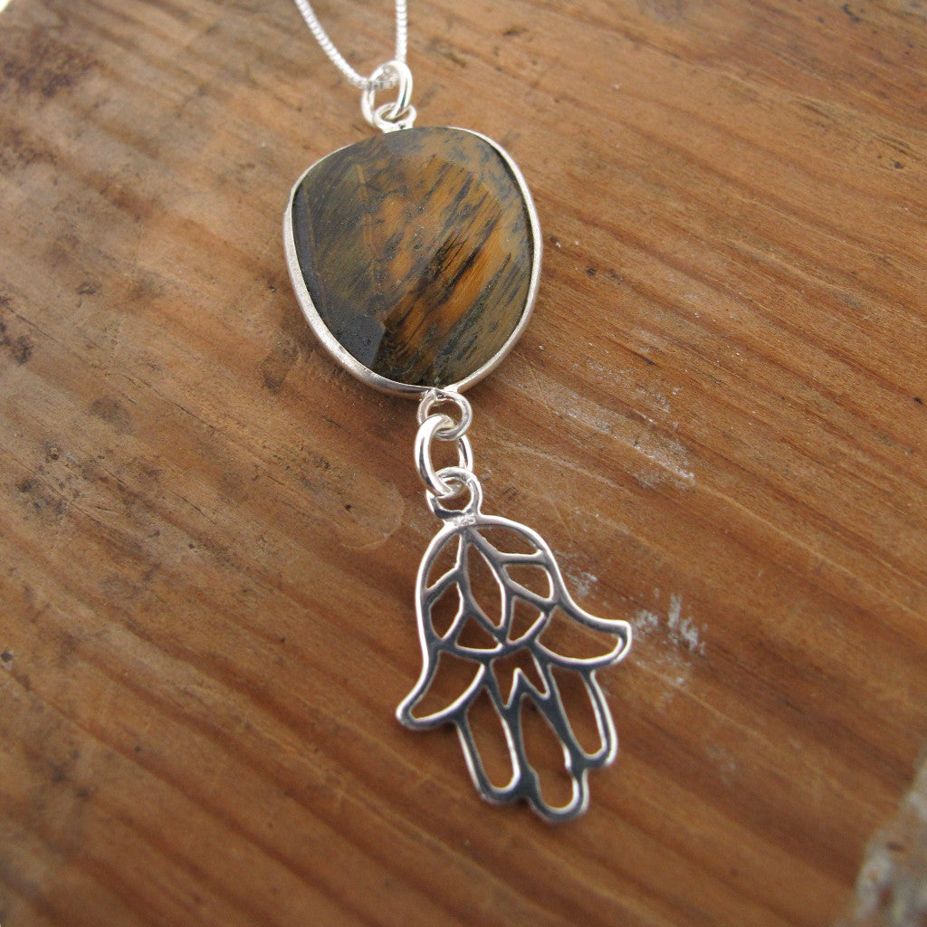 Fatima sterling silver hand - Tigers eye stone pendant on sterling silver chain