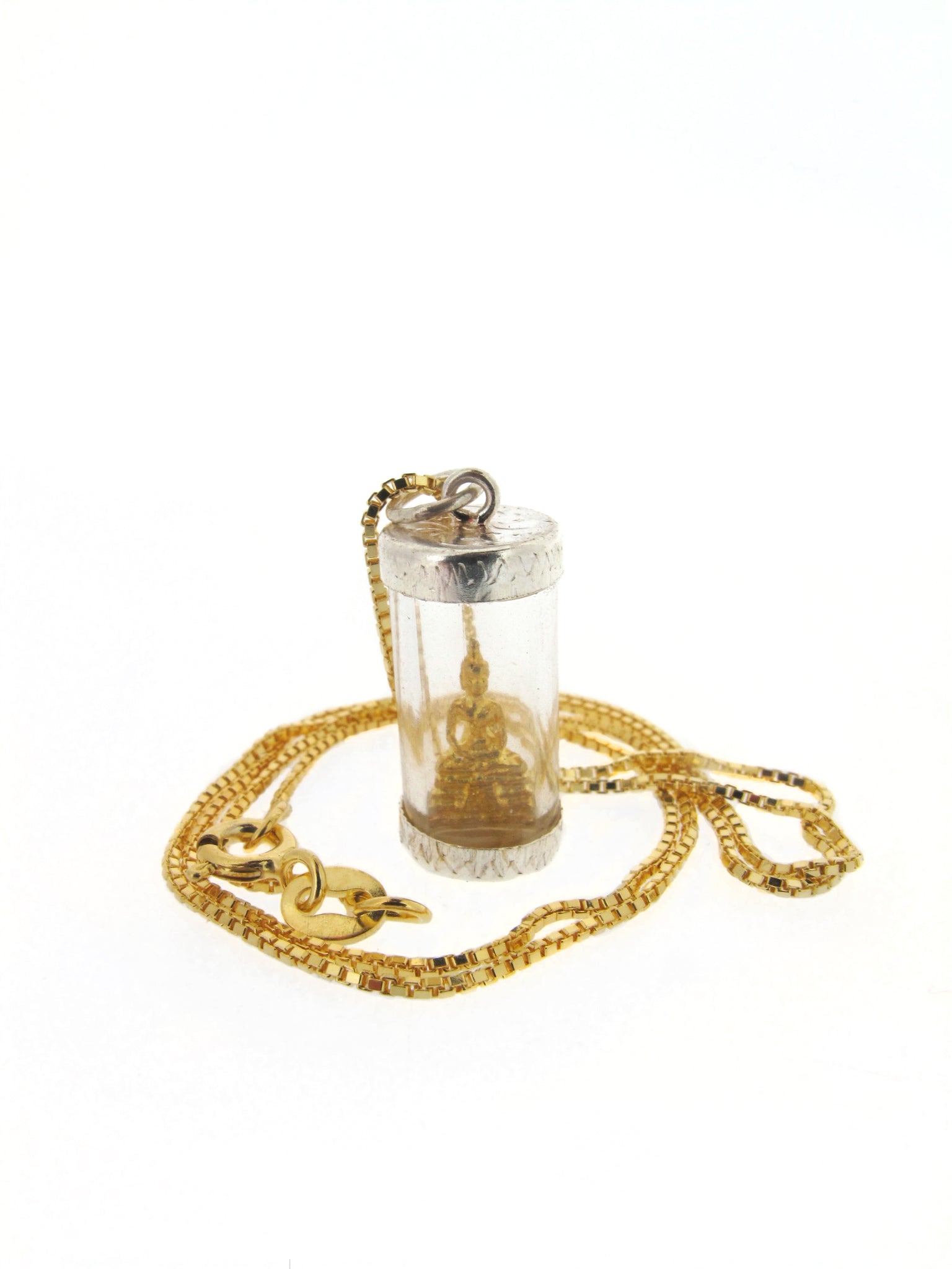 Seated sterling silver and gold Buddha on gold plate sterling silver box chain