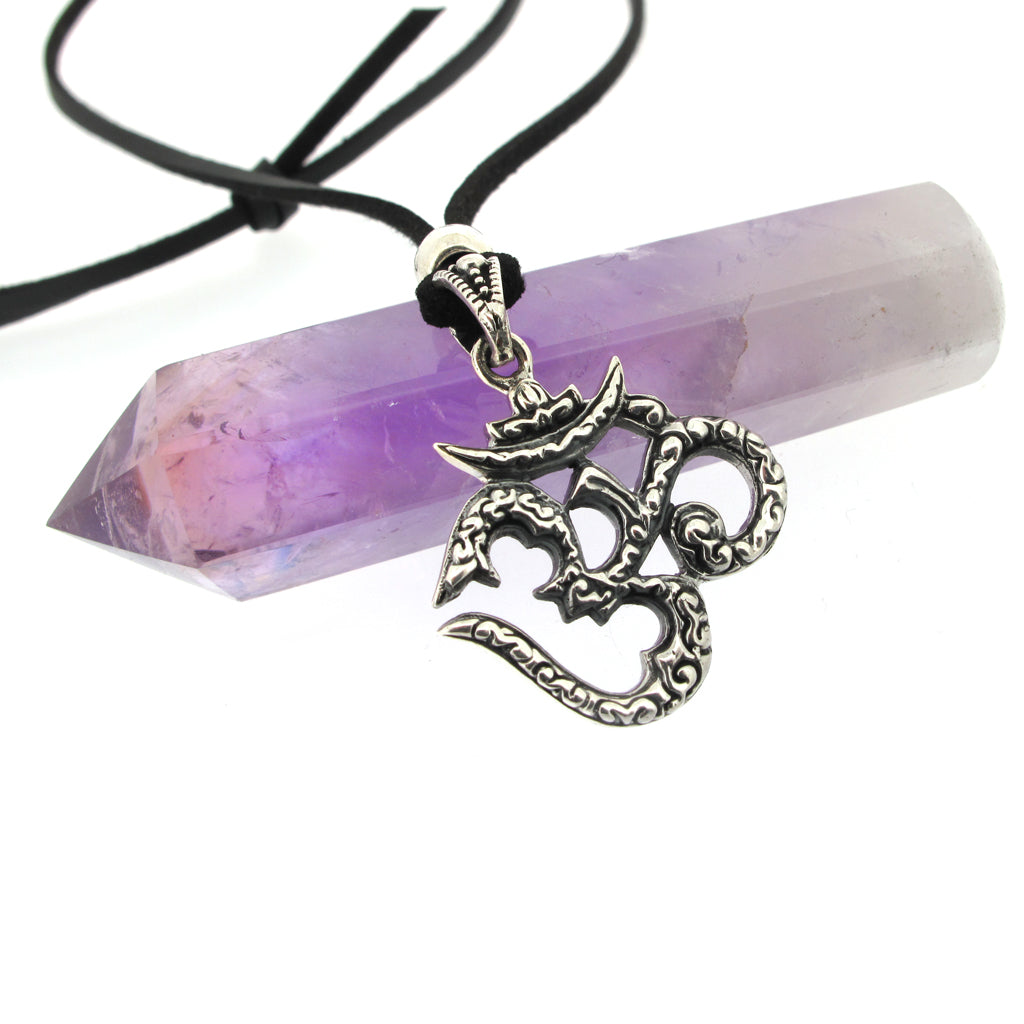 Om sterling silver pendant with Tibetan cloud pattern on black faux suede