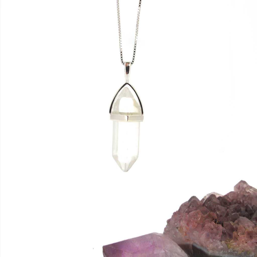 Quarts pencil crystal, sterling silver pendant on an adjustable sterling silver chain