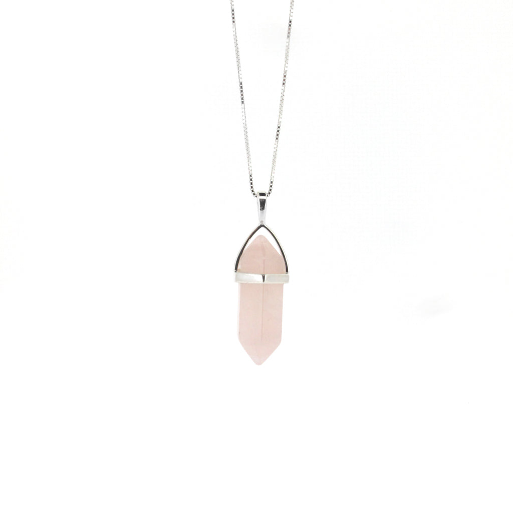 Rose Quarts pencil crystal, sterling silver pendant on adjustable sterling silver chain