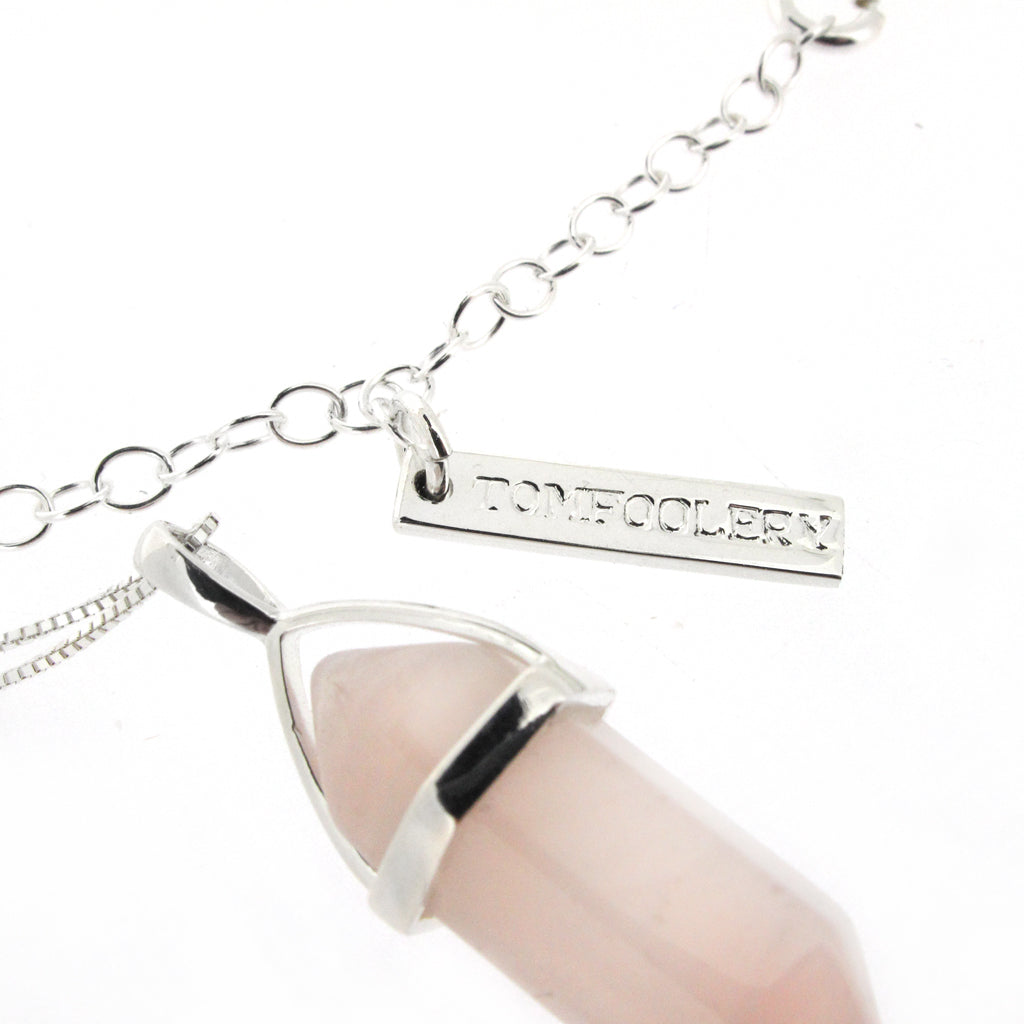 Rose Quarts pencil crystal, sterling silver pendant on adjustable sterling silver chain