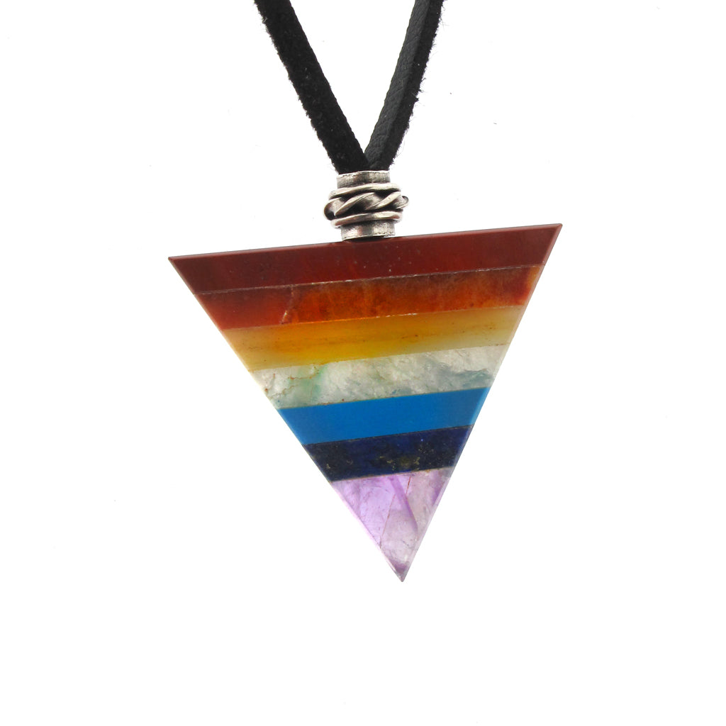 Chakra trianle 7 gem stone Pendant, on black faux suede
