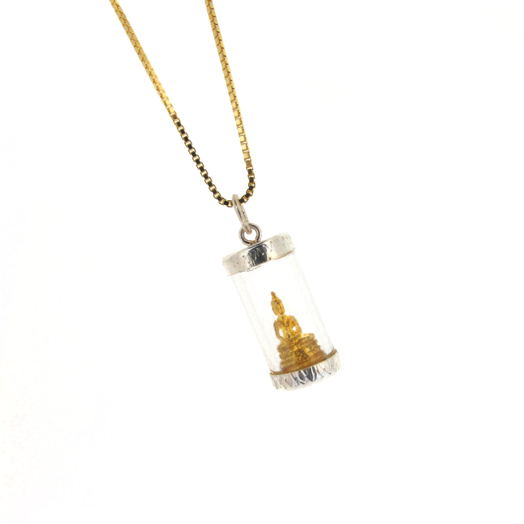 Seated sterling silver and gold Buddha on gold plate sterling silver box chain
