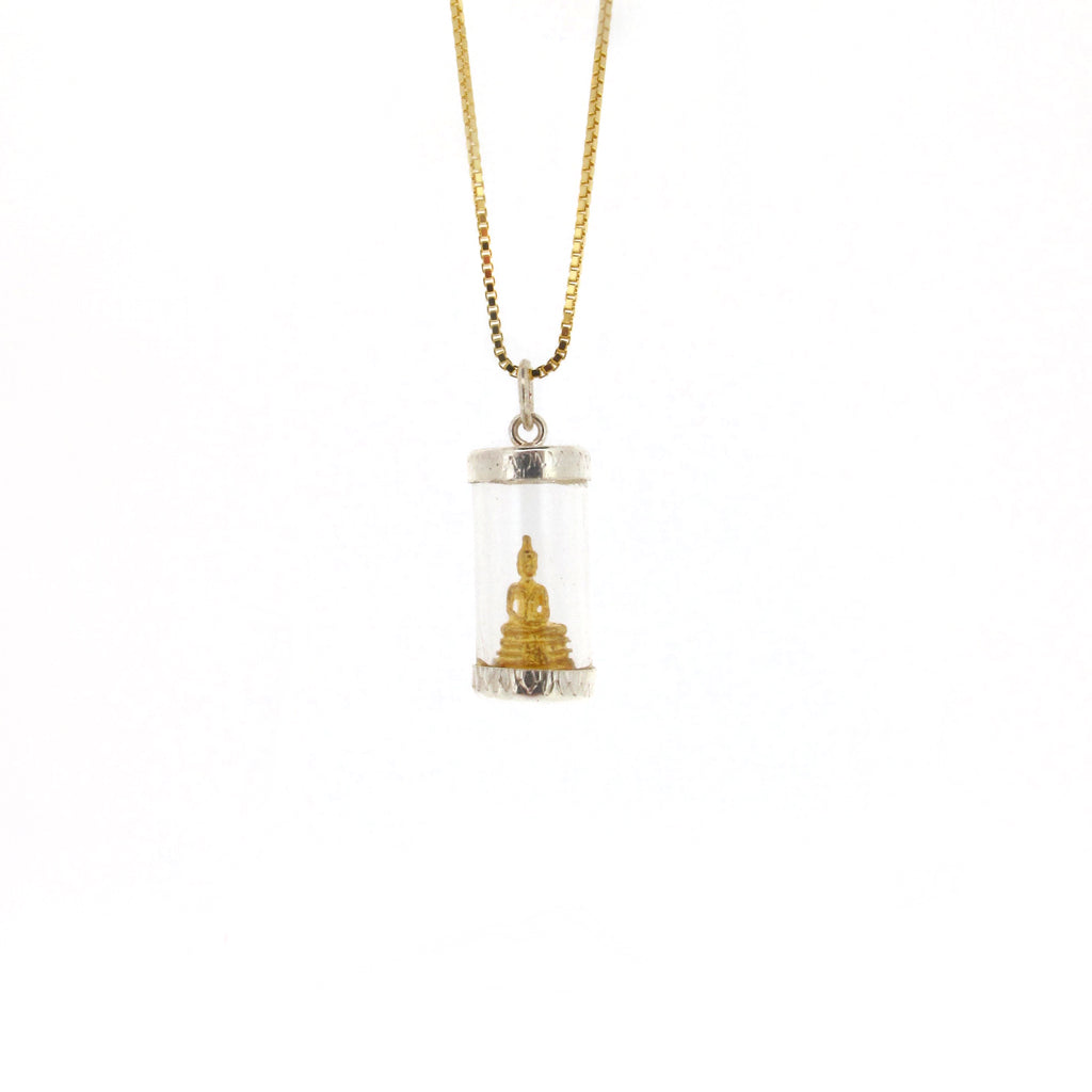 Seated sterling silver and gold Buddha on gold plate sterling silver box chain
