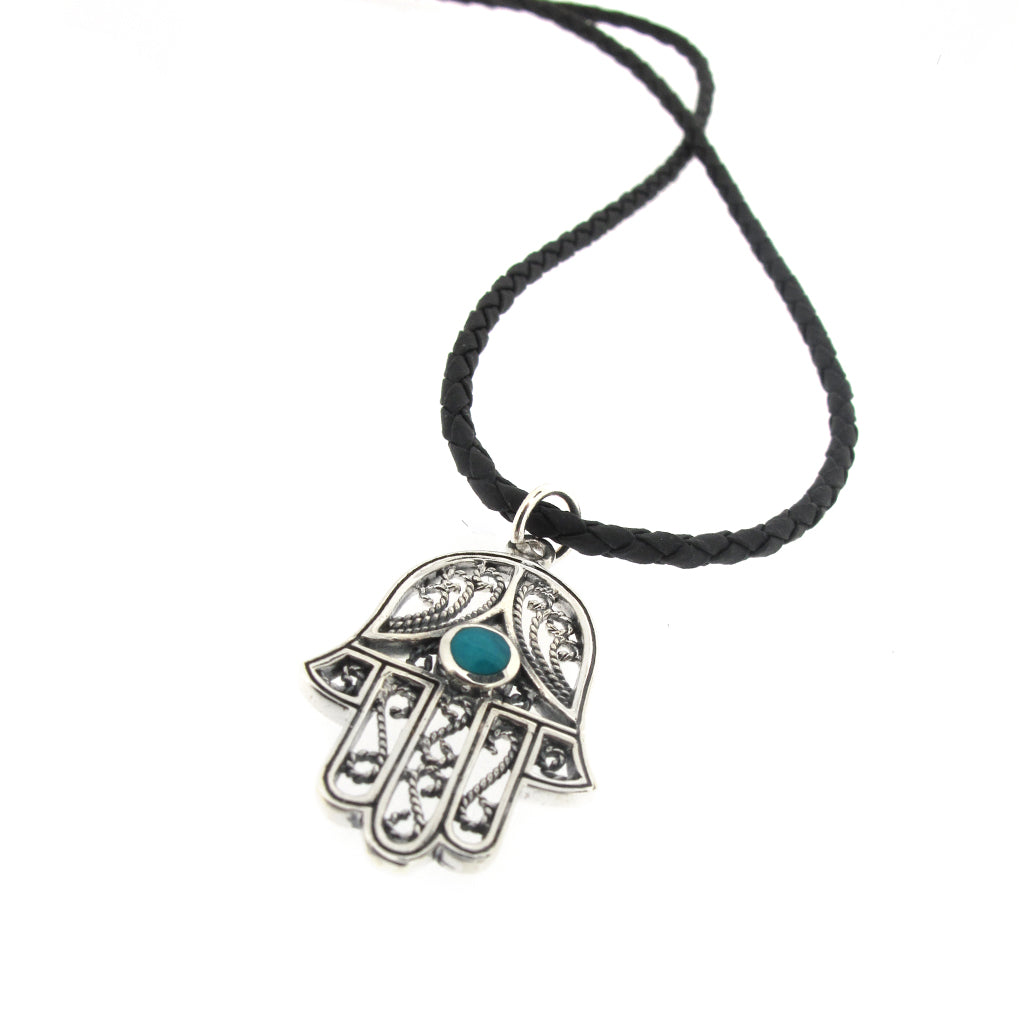 Fatima hand sterling silver pendant on leather brade with sterling silver closure