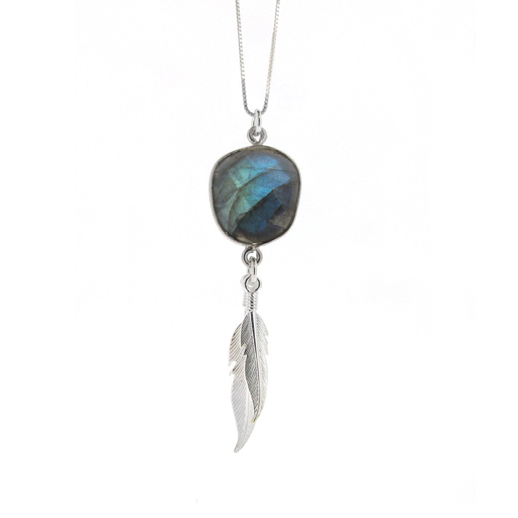 Feather Sterling Silver 925 - Labradorite stone Pendant on Silver 925 Chain