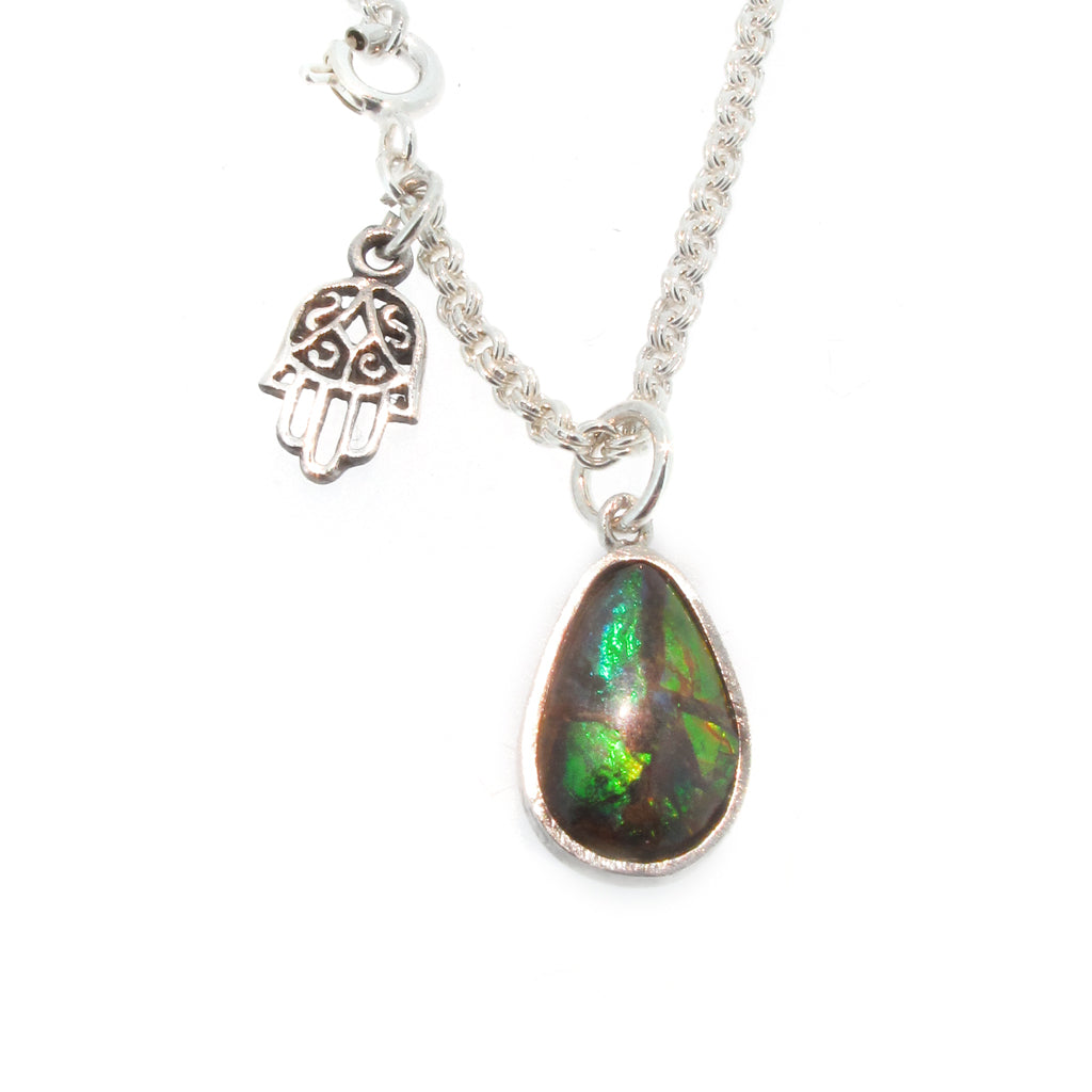 Blue-green opal pendant on sterling silver chain with Hamsa hand detail