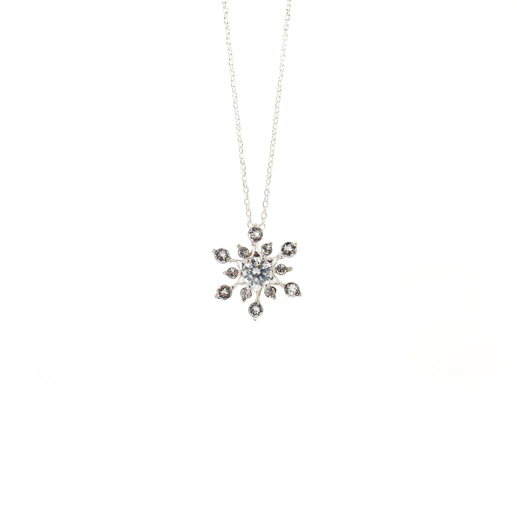 cubic zirconia crystal snow flake pendant on an adjustable sterling silver chain.