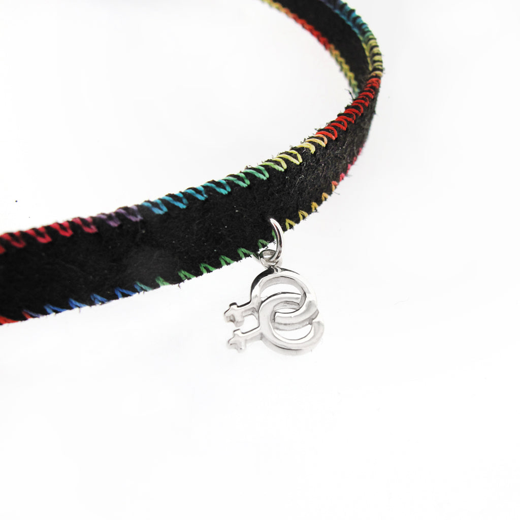 Copy of Copy of Rainbow stitched suede choker with Sterling Silver Venus pendant