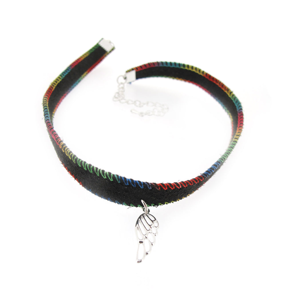 Copy of Rainbow stitched suede choker with Sterling Silver Angel wing pendant