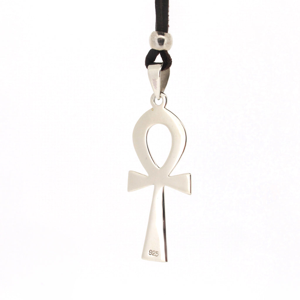Ankh - Egyptian cross sterling silver pendant on brown faux suede cord