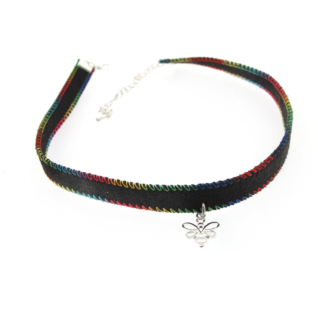 Rainbow stitched suede choker with Sterling Silver Bee pendant