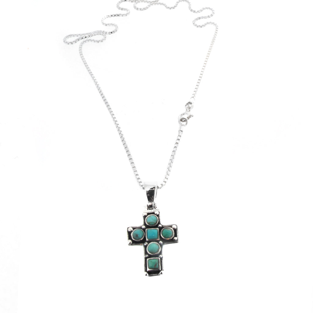Steling silver cross with turquoise stone on sterling silver box chain