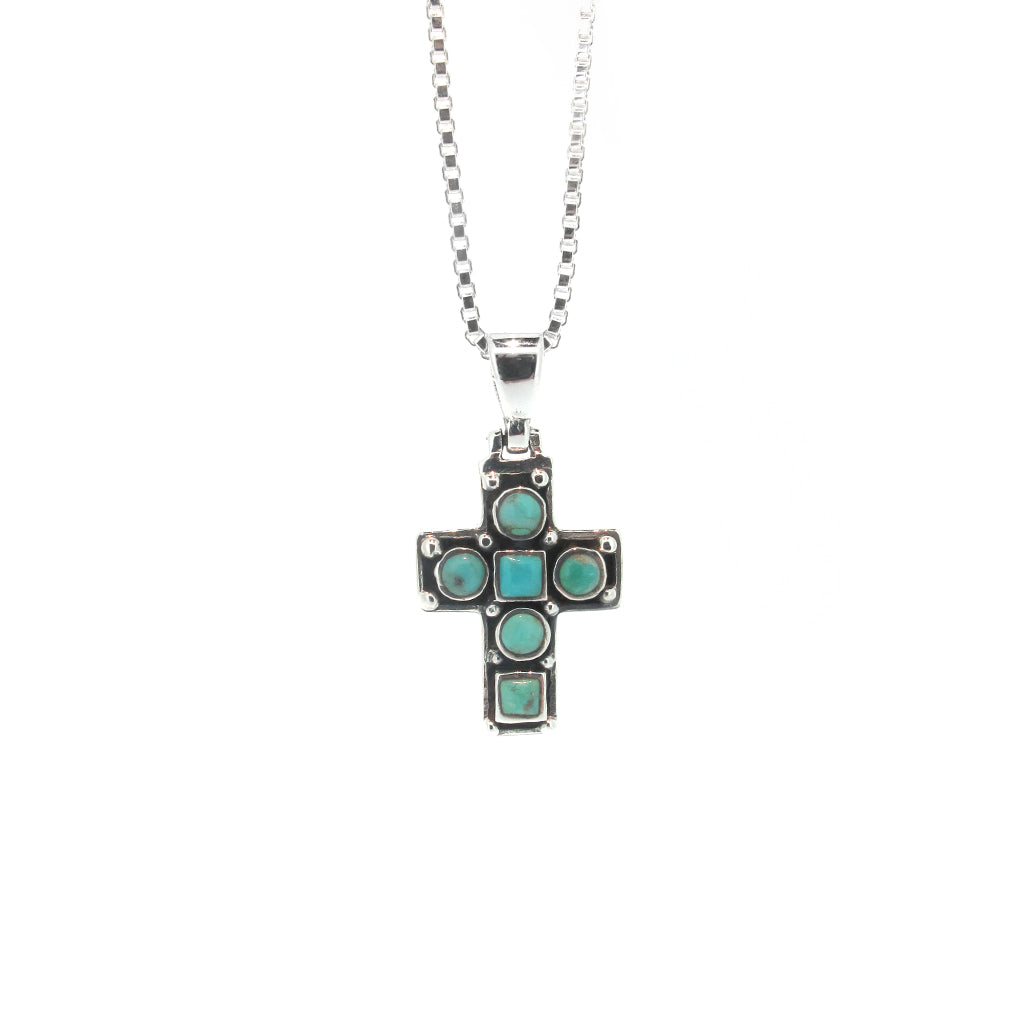Steling silver cross with turquoise stone on sterling silver box chain