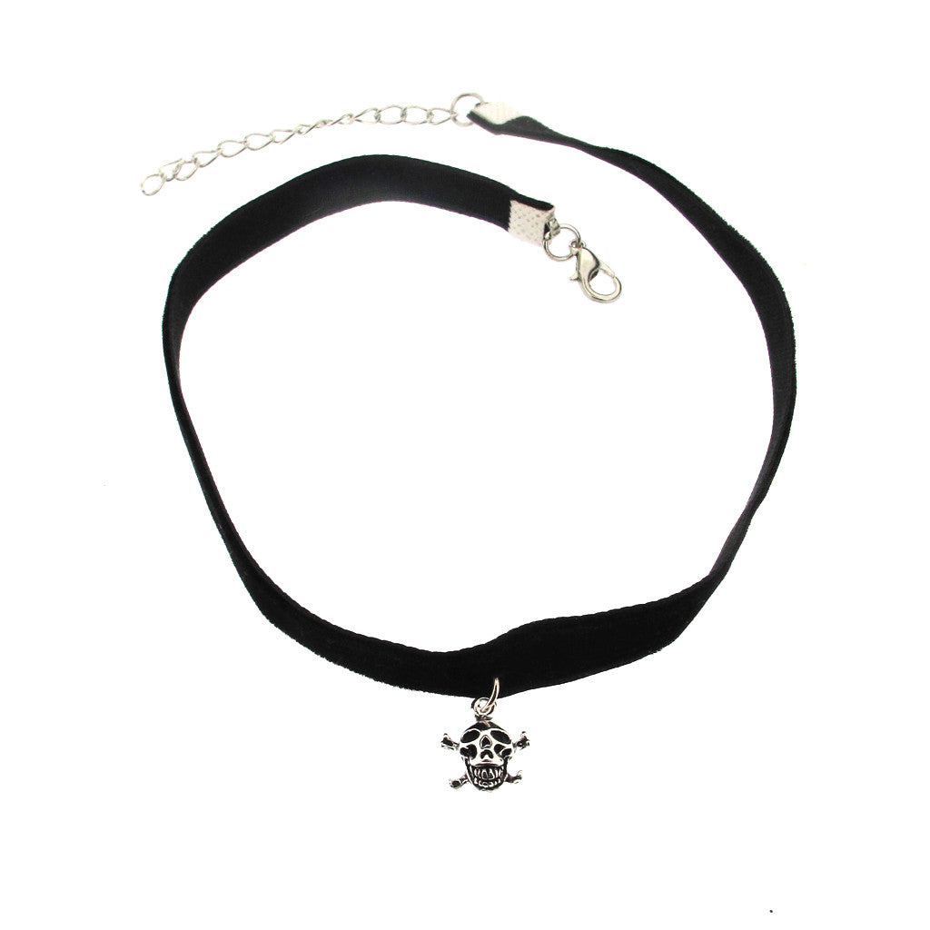 Velvet choker with sterling silver skull and cross bone