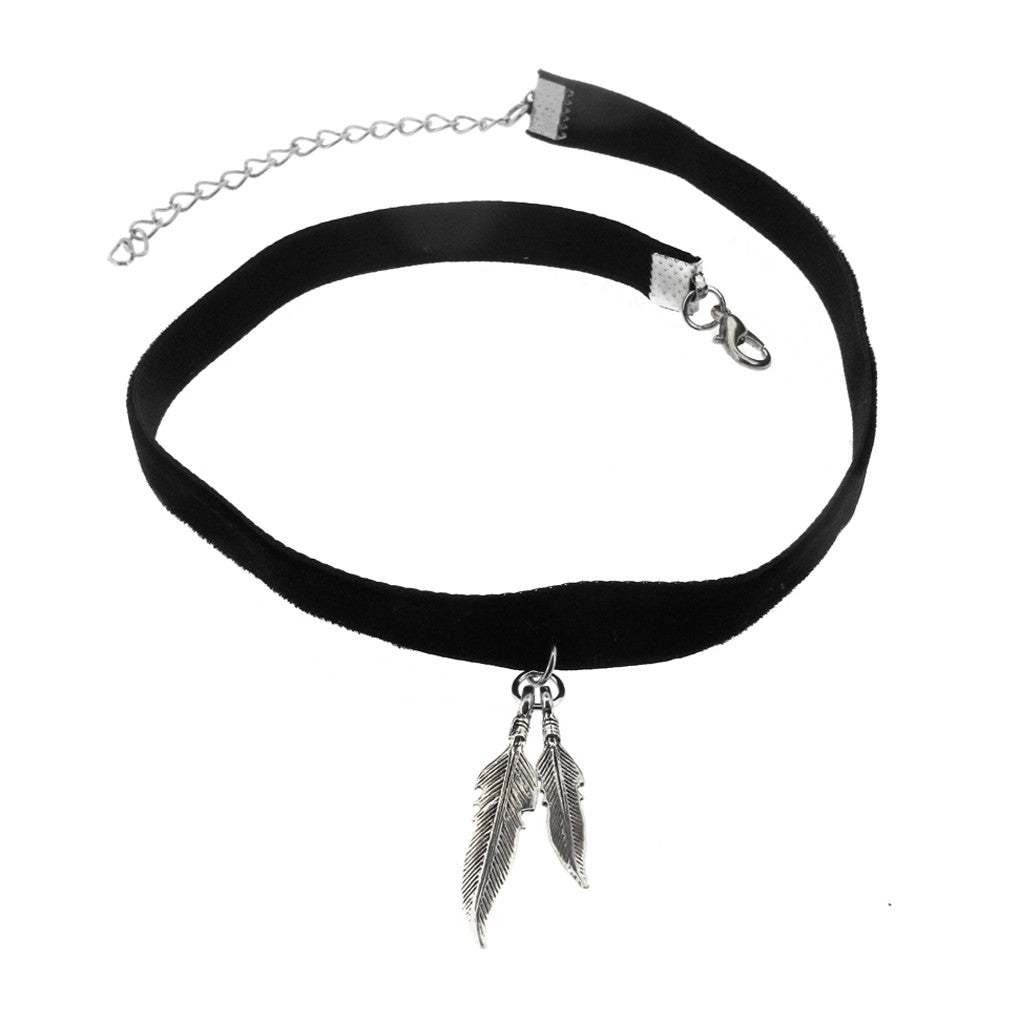 Velvet choker with double sterling silver feather