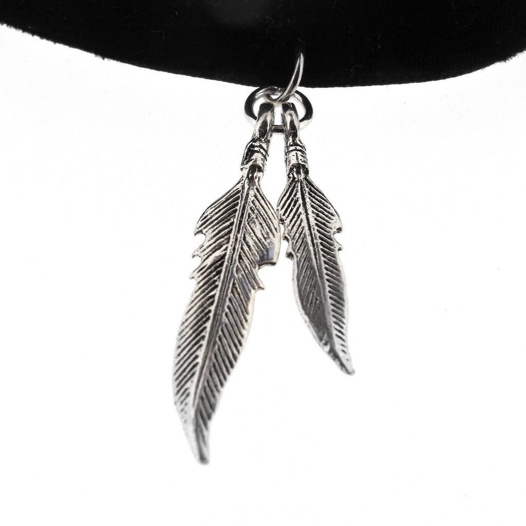 Velvet choker with double sterling silver feather