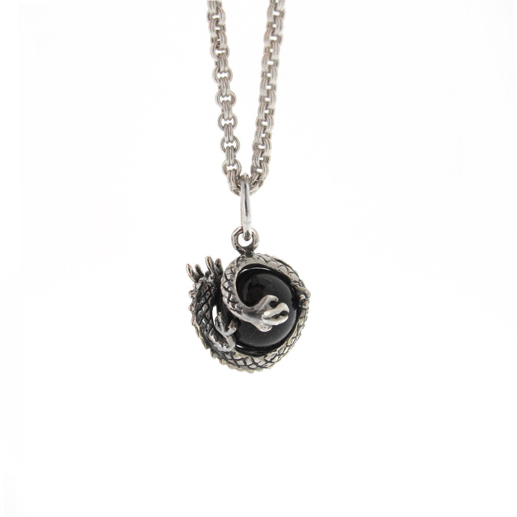 Dragon sterling silver with onyx ball on sterling silver chain