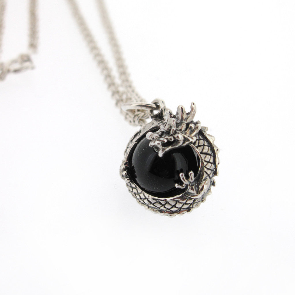 Dragon sterling silver with onyx ball on sterling silver chain