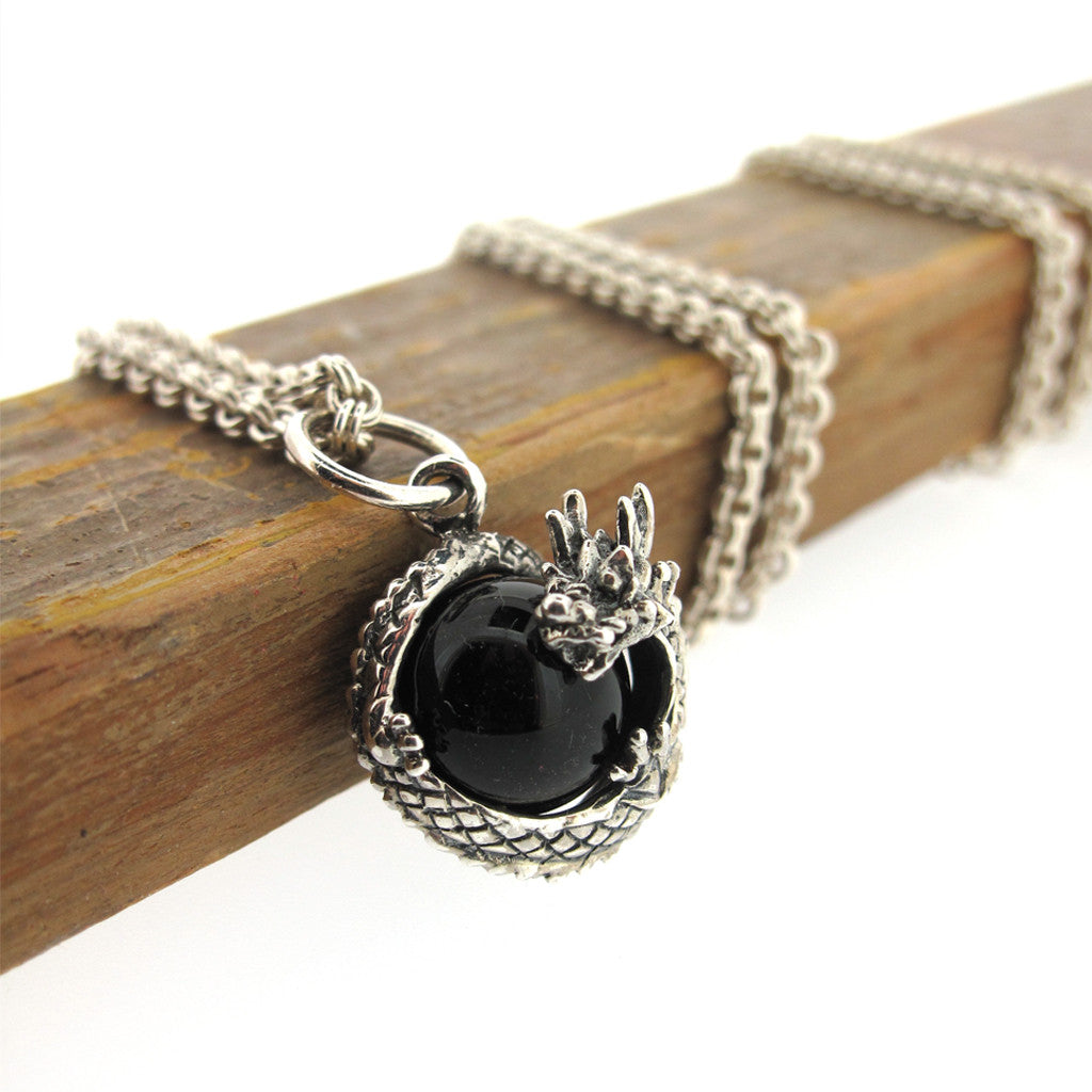 Dragon sterling silver with onyx ball on sterling silver chain