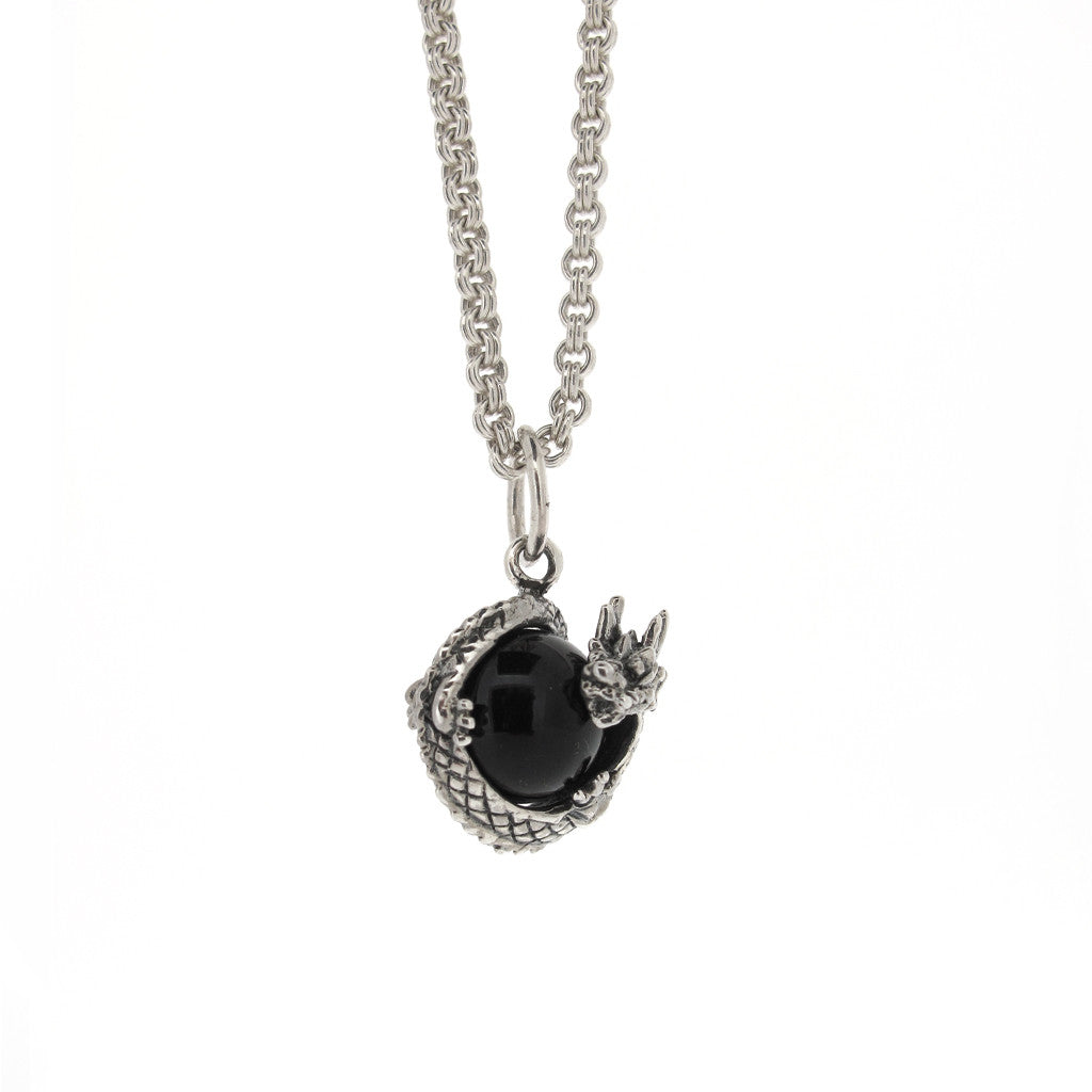 Dragon sterling silver with onyx ball on sterling silver chain