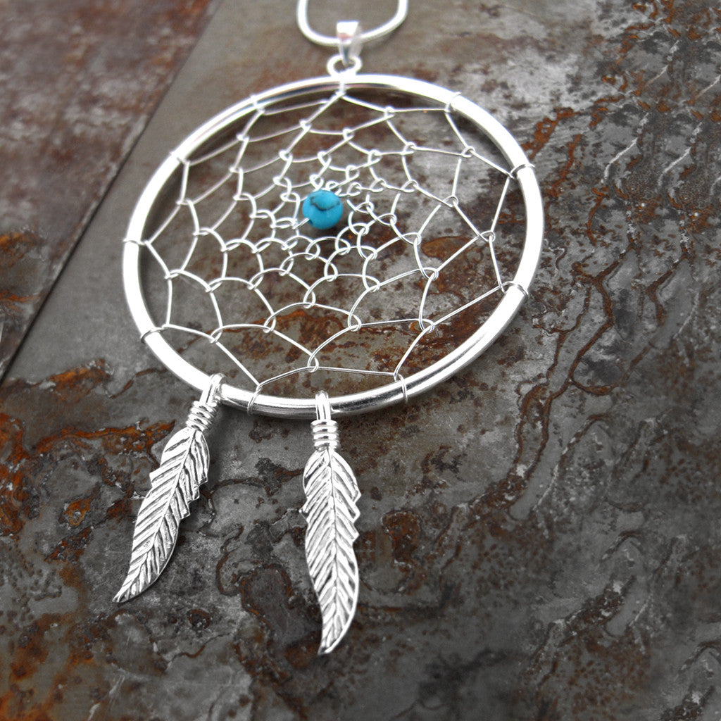Dream catcher sterling silver pendant with urquoise stone on sterling silver snake chain.