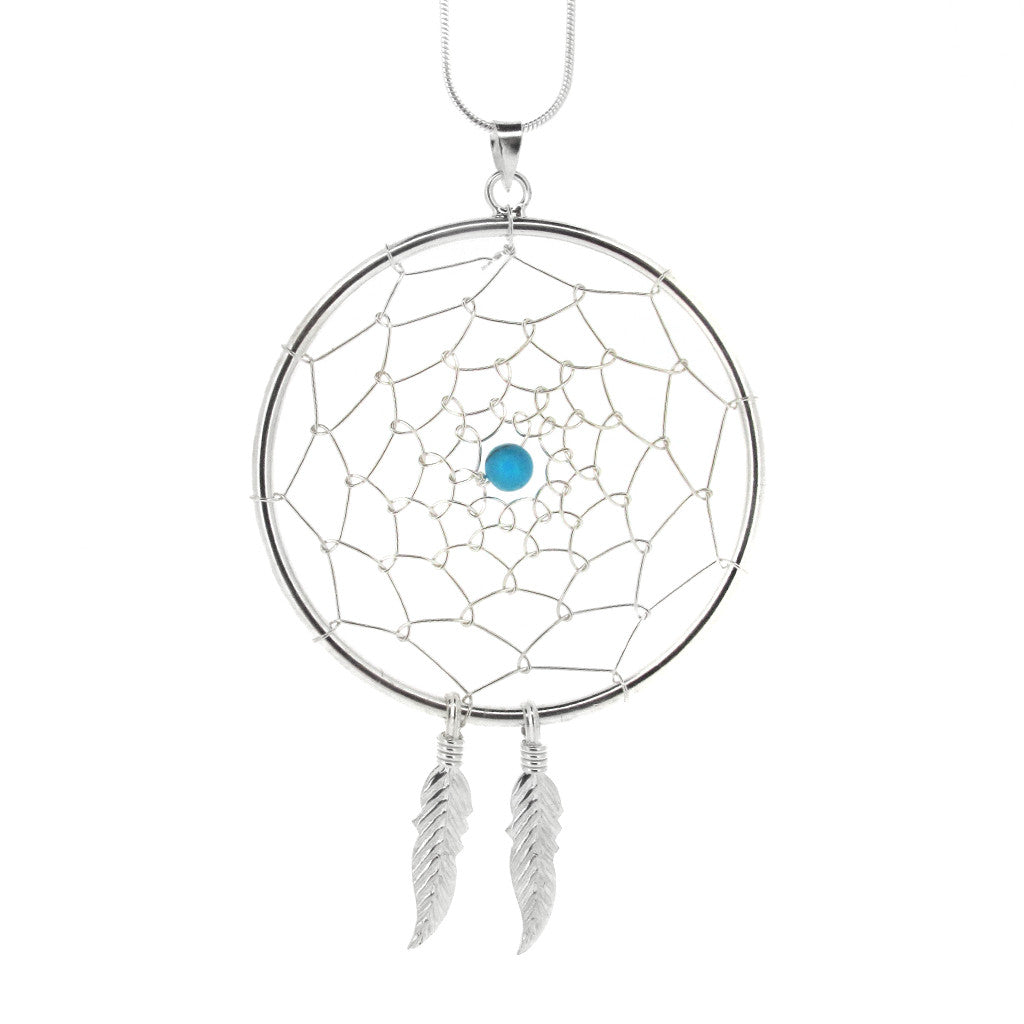 Dream catcher sterling silver pendant with urquoise stone on sterling silver snake chain.