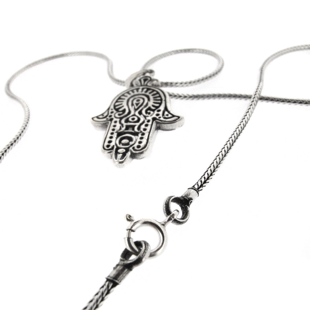 Indian style Hamsa sterling silver pendant on sterling silver chain