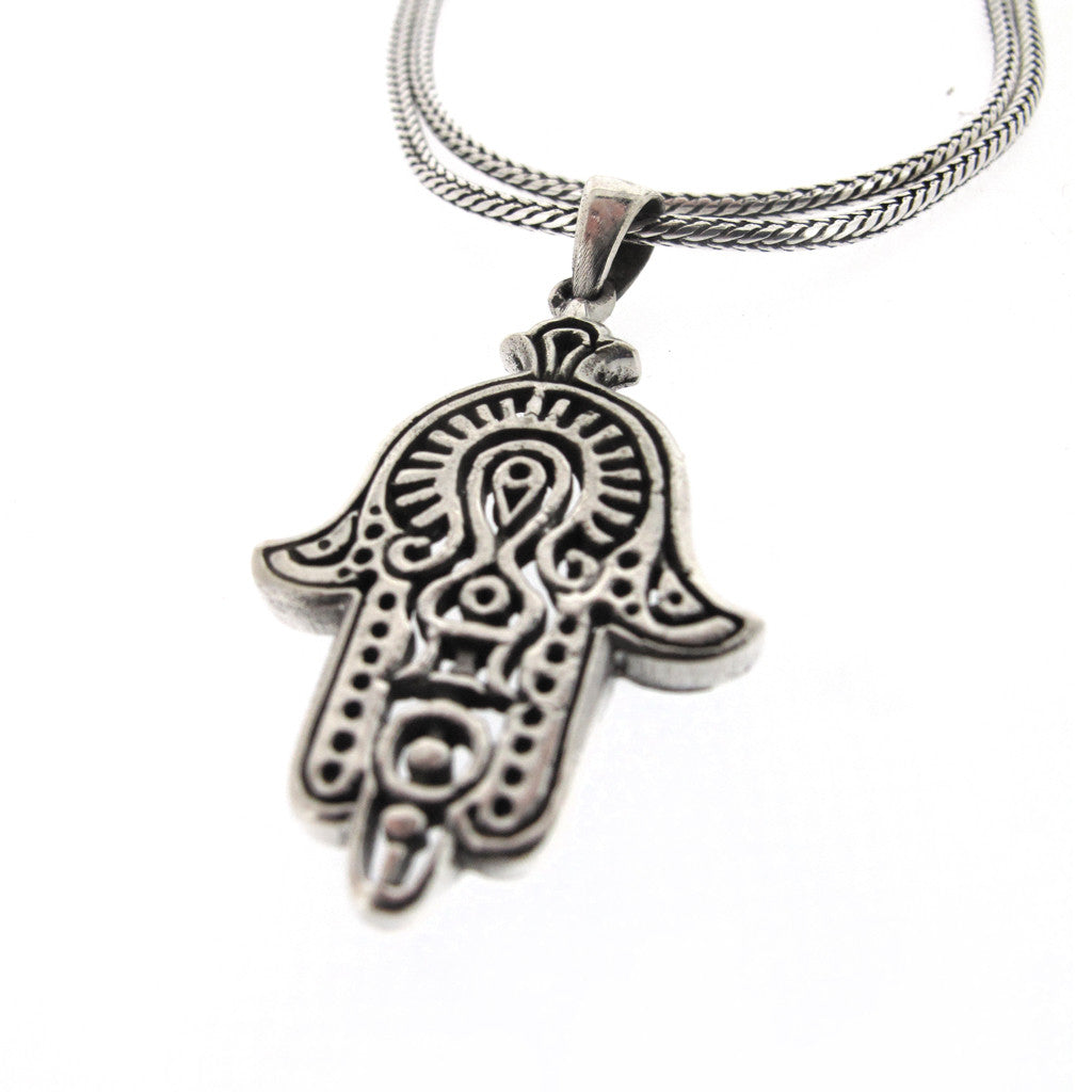 Indian style Hamsa sterling silver pendant on sterling silver chain