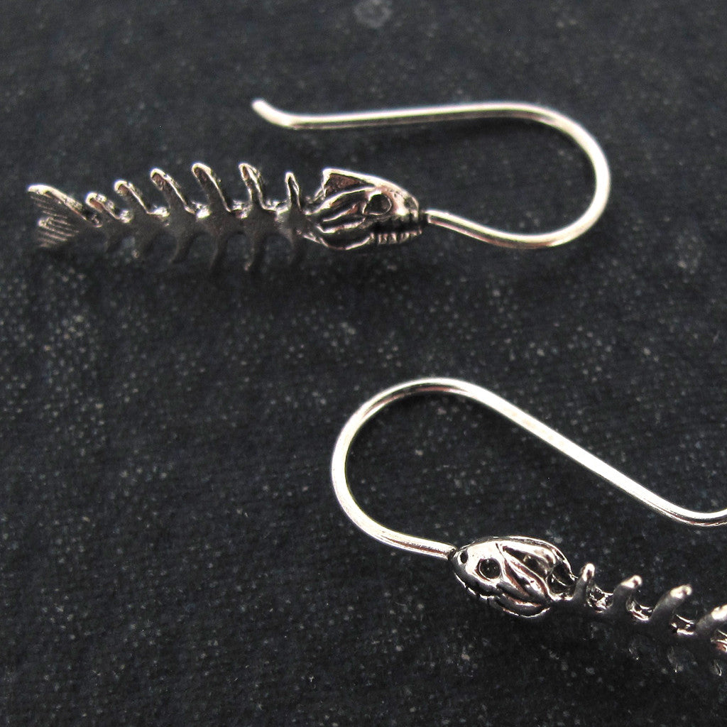 Fish skeleton sterling silver earings