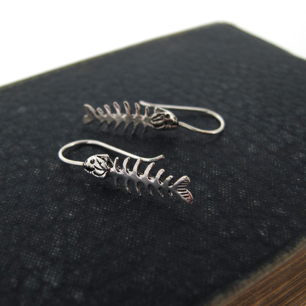 Fish skeleton sterling silver earings