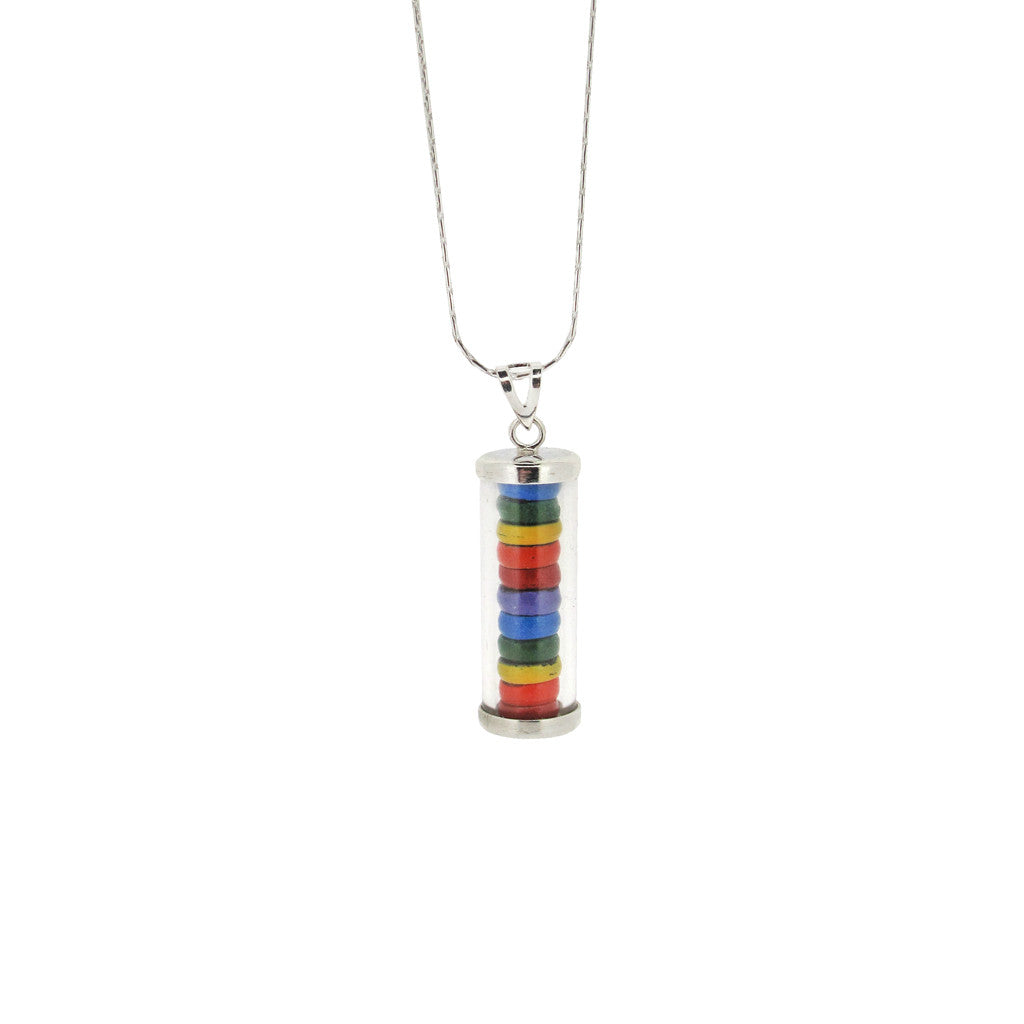 Rainbow wooden beads in flask sterling silver necklace