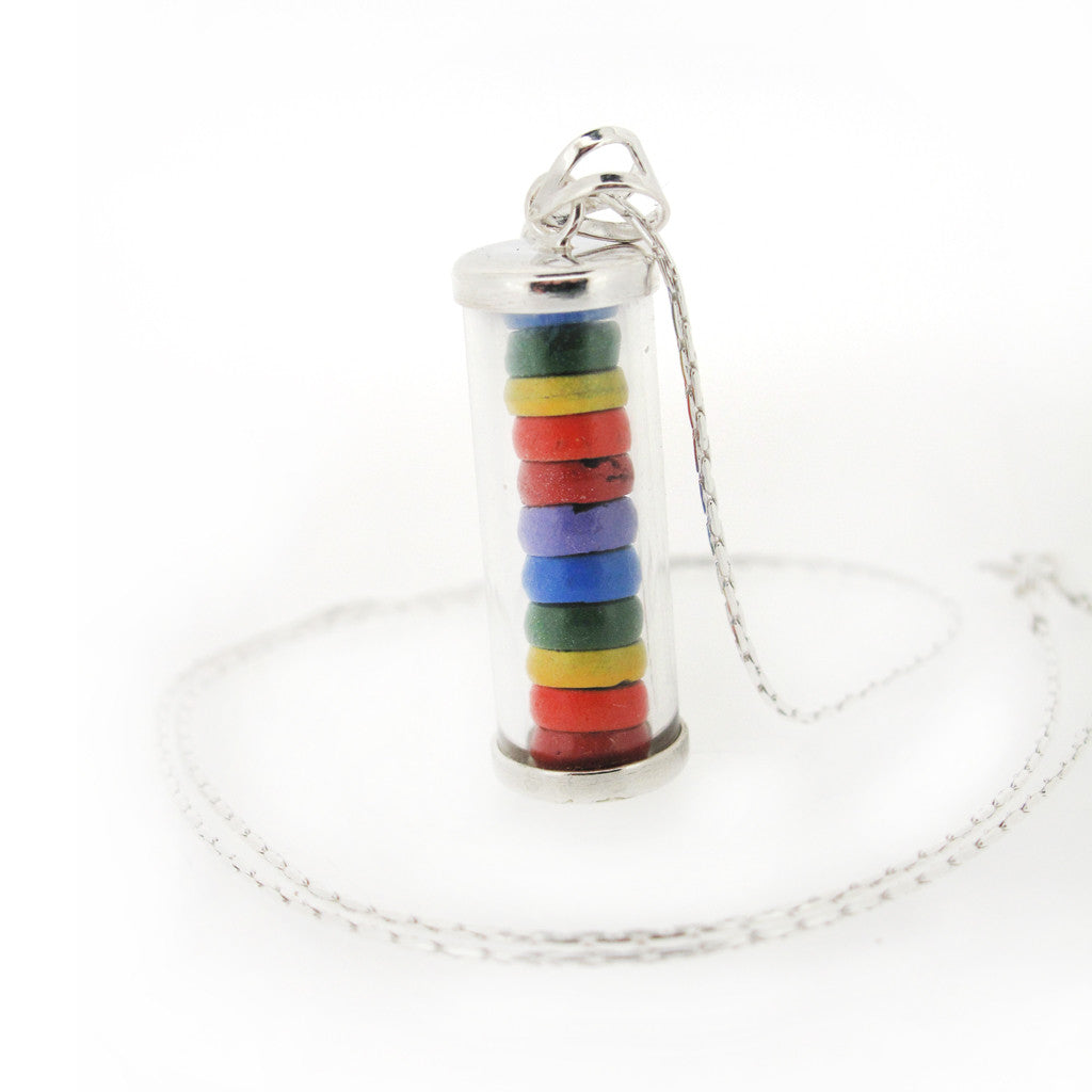 Rainbow wooden beads in flask sterling silver necklace