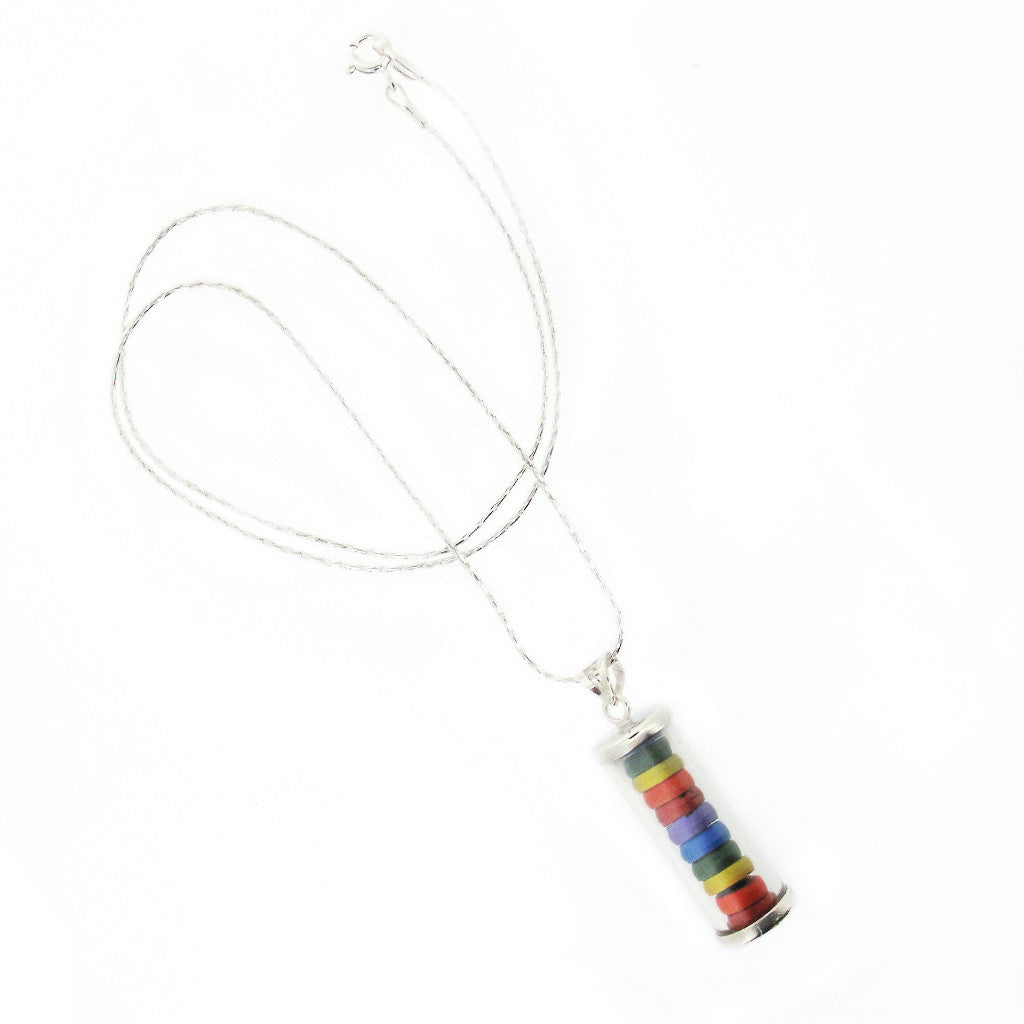 Rainbow wooden beads in flask sterling silver necklace
