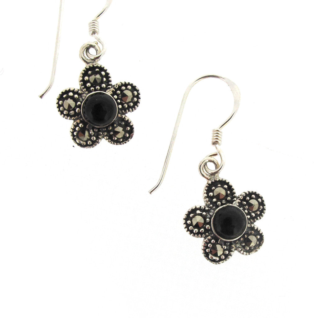 Flower sterling silver, Markazite and Onyx earings