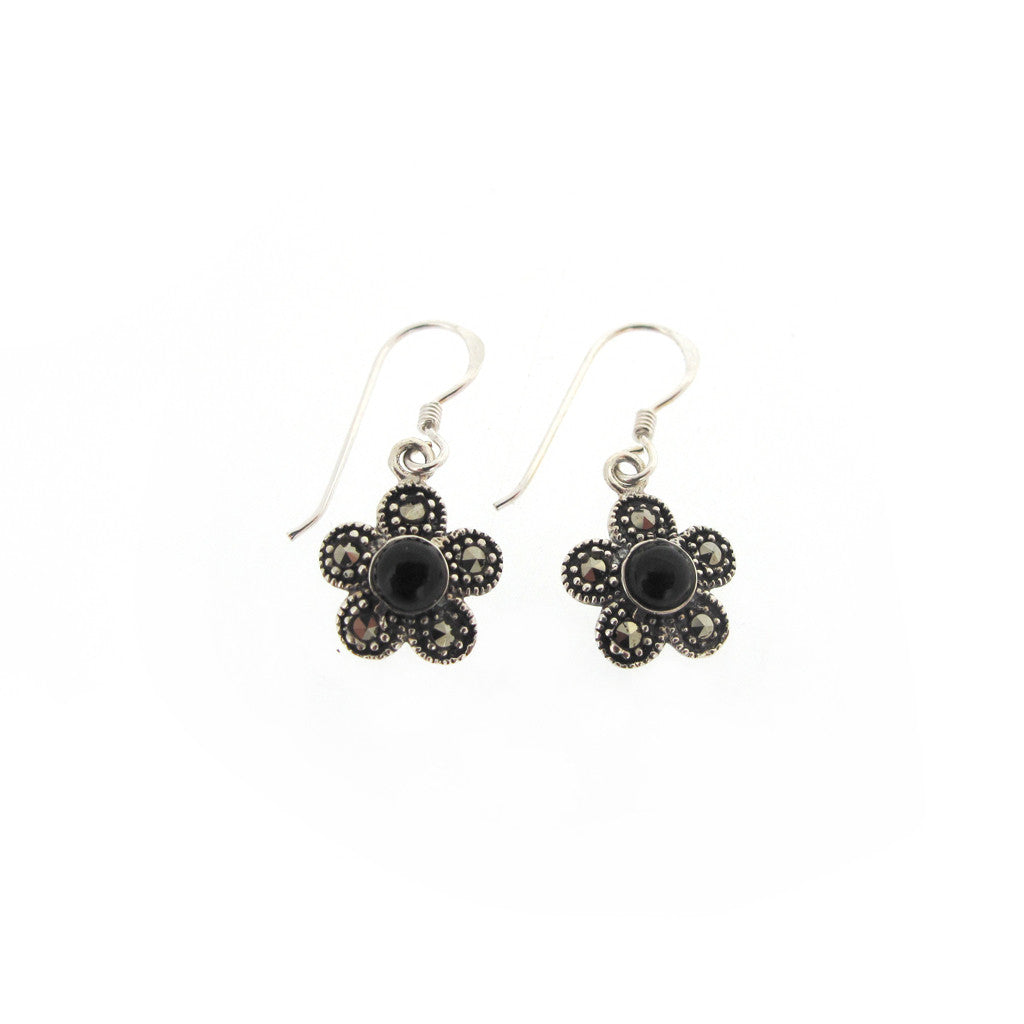 Flower sterling silver, Markazite and Onyx earings