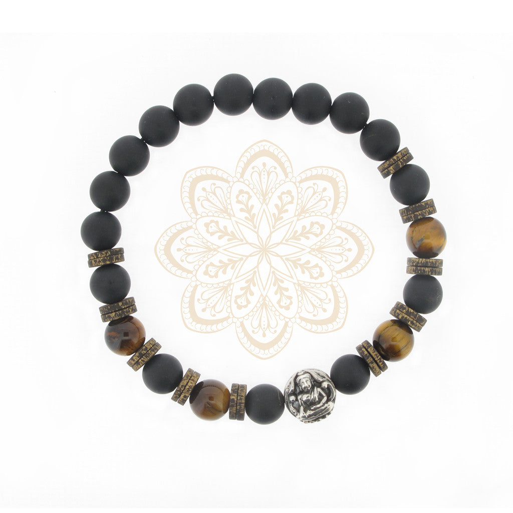 Lotus Buddha sterling silver bead on Lava bead bracelet