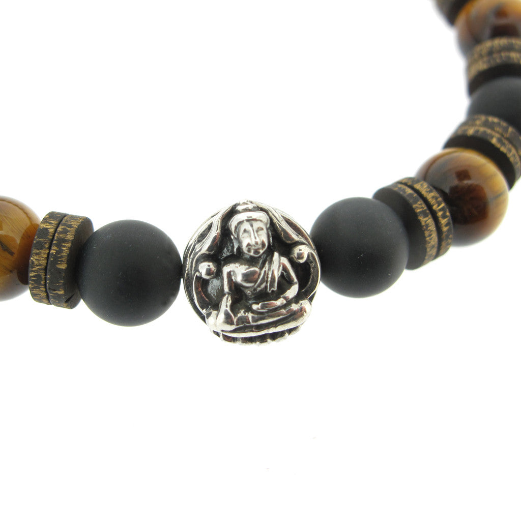 Lotus Buddha sterling silver bead on Lava bead bracelet