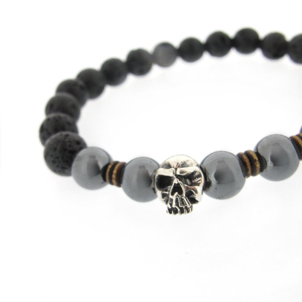 Kraggy Sterling Silver Skull on Lava Bead Bracelet