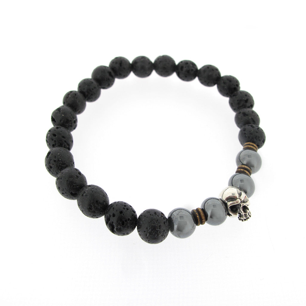 Kraggy Sterling Silver Skull on Lava Bead Bracelet