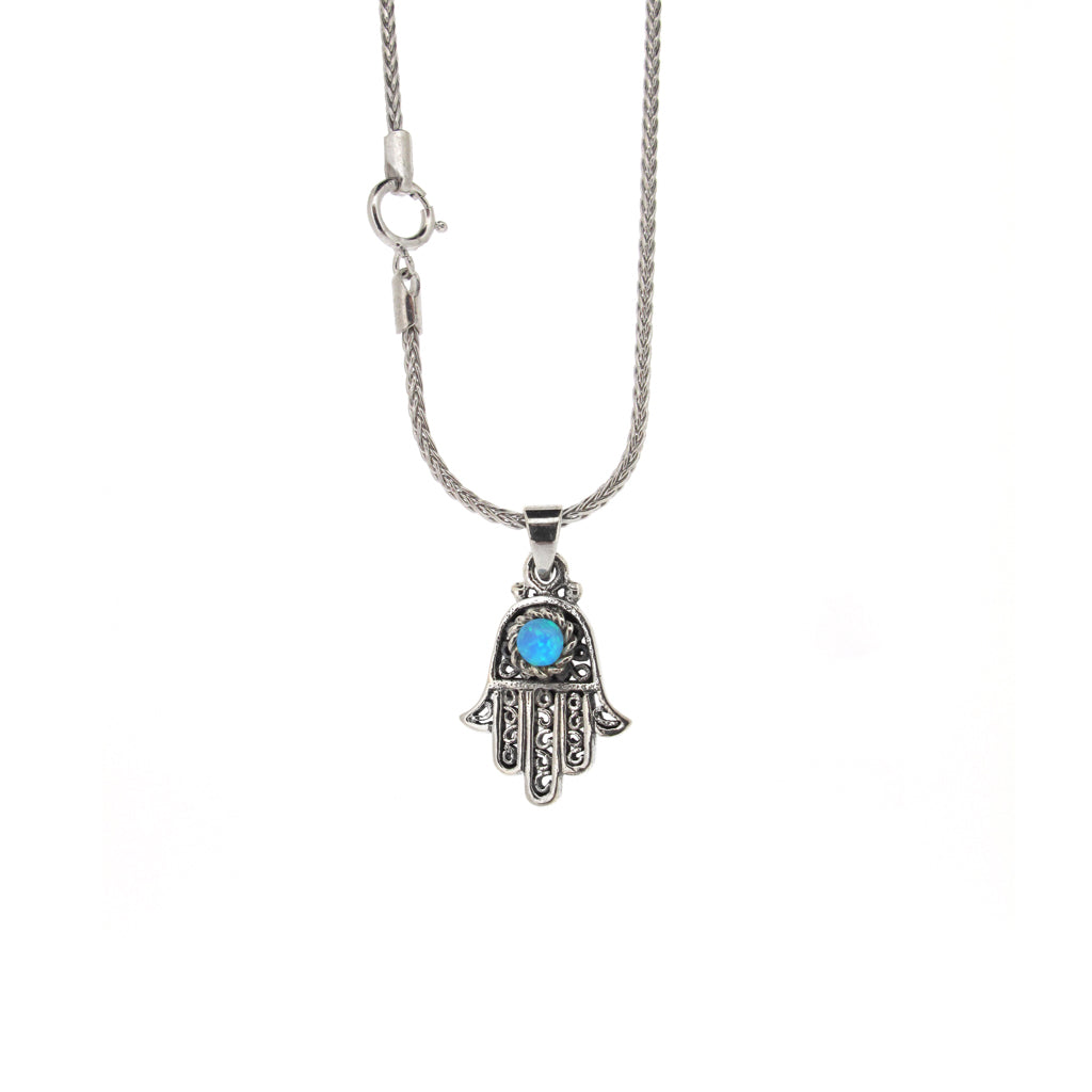 Fatima hand sterling silver pendant with Opal stone on sterling silver chain