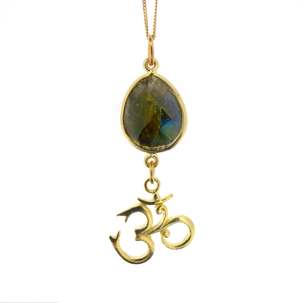 Gold Om pendant, gold chain (Gold plate on Sterling Silver 925) with Labradorite gem stone