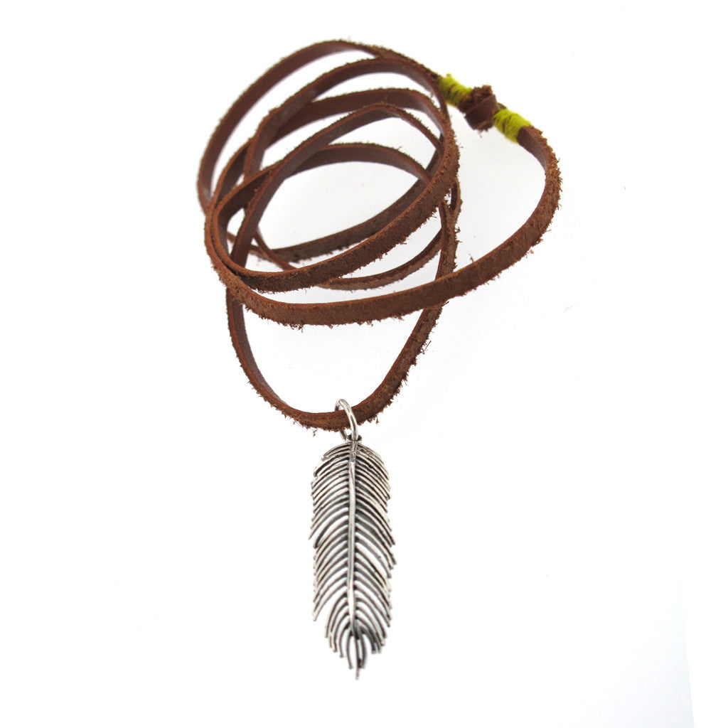 Feather sterling silver pendant on leather necklace, handstiched neck