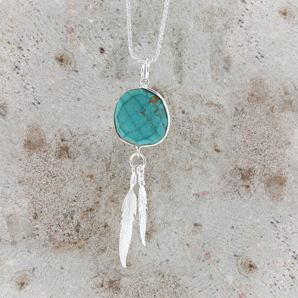 Double sterling silver feather - Turquoise stone pendant on sterling silver chain