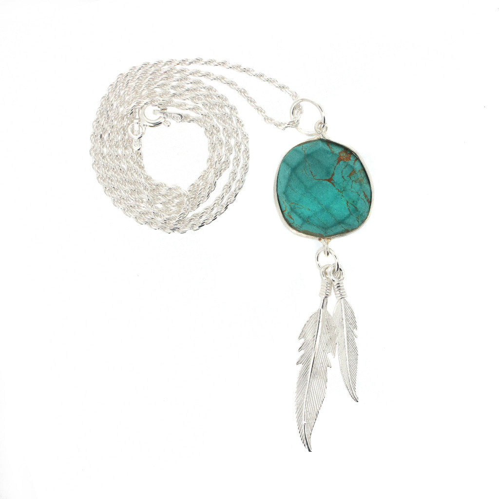 Double sterling silver feather - Turquoise stone pendant on sterling silver chain